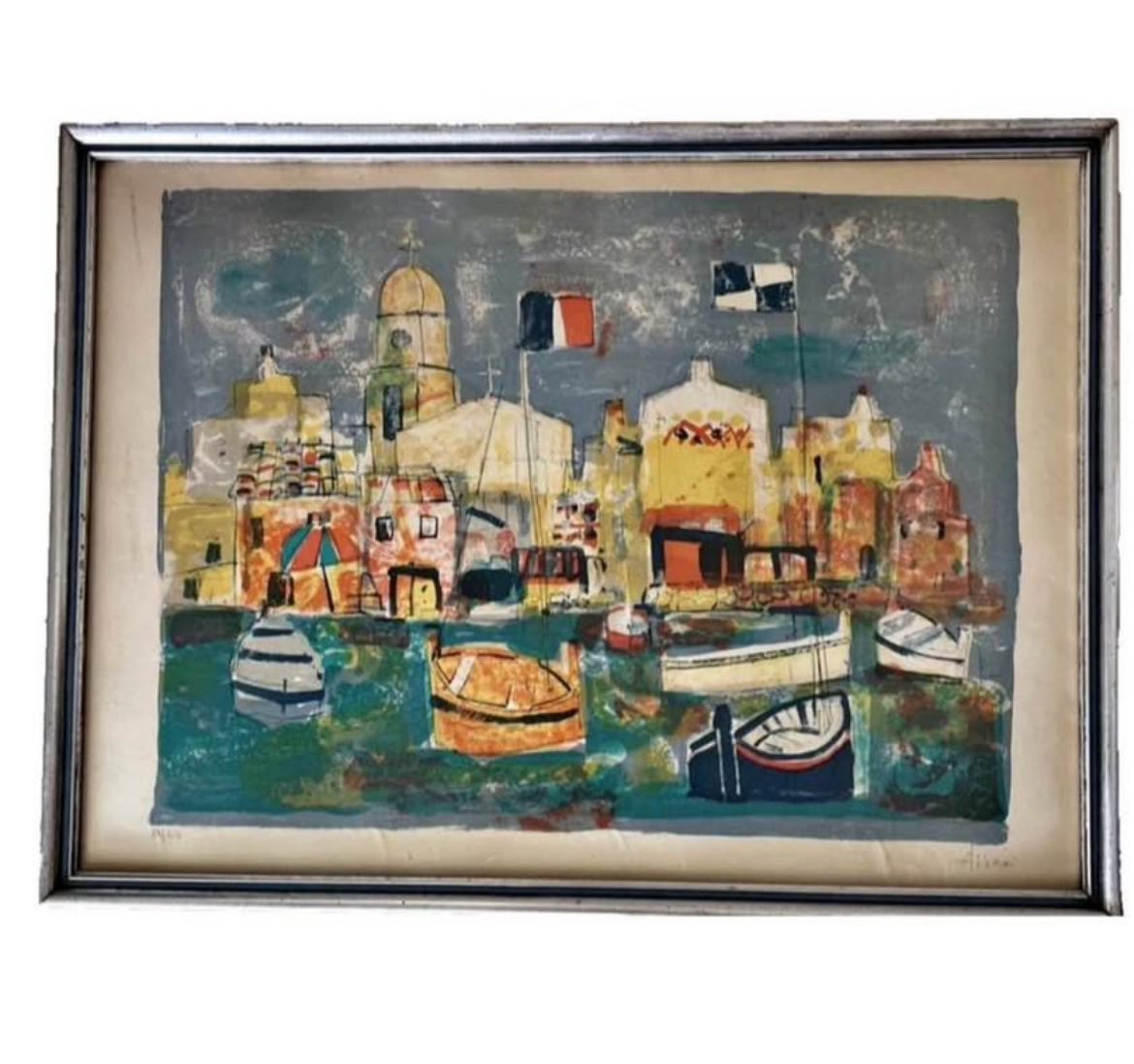 Vintage French Mid - Century Lithograph Paul Aizpiri "Port de Saint Tropez" Numbered, Signed + Framed