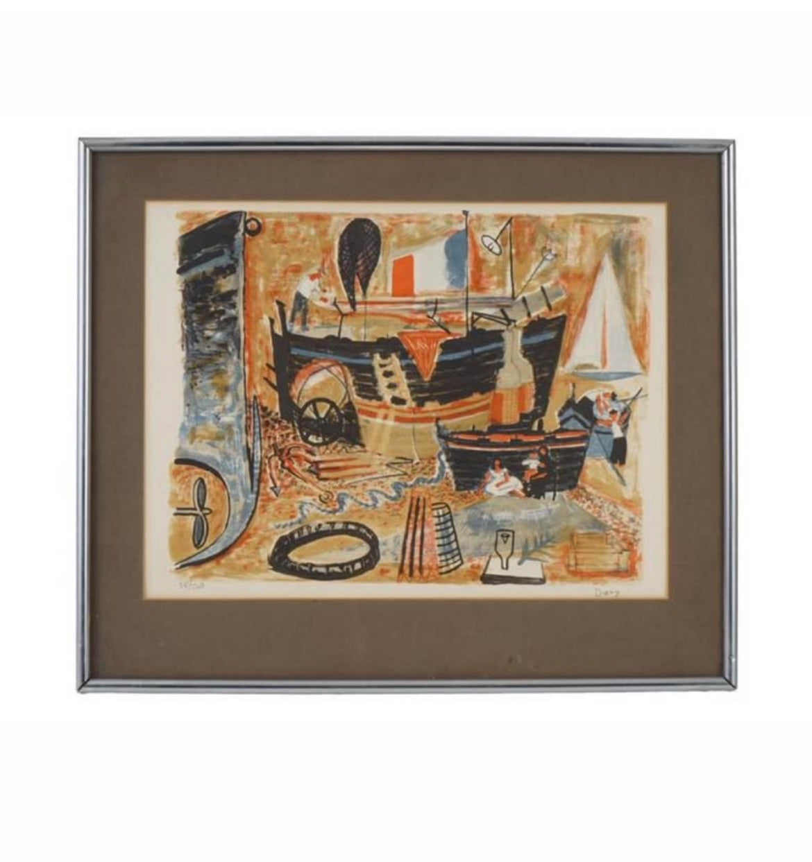 French Vintage Original Lithograph Bateaux — by Dany Lartigue (Signed) // Listed Artist