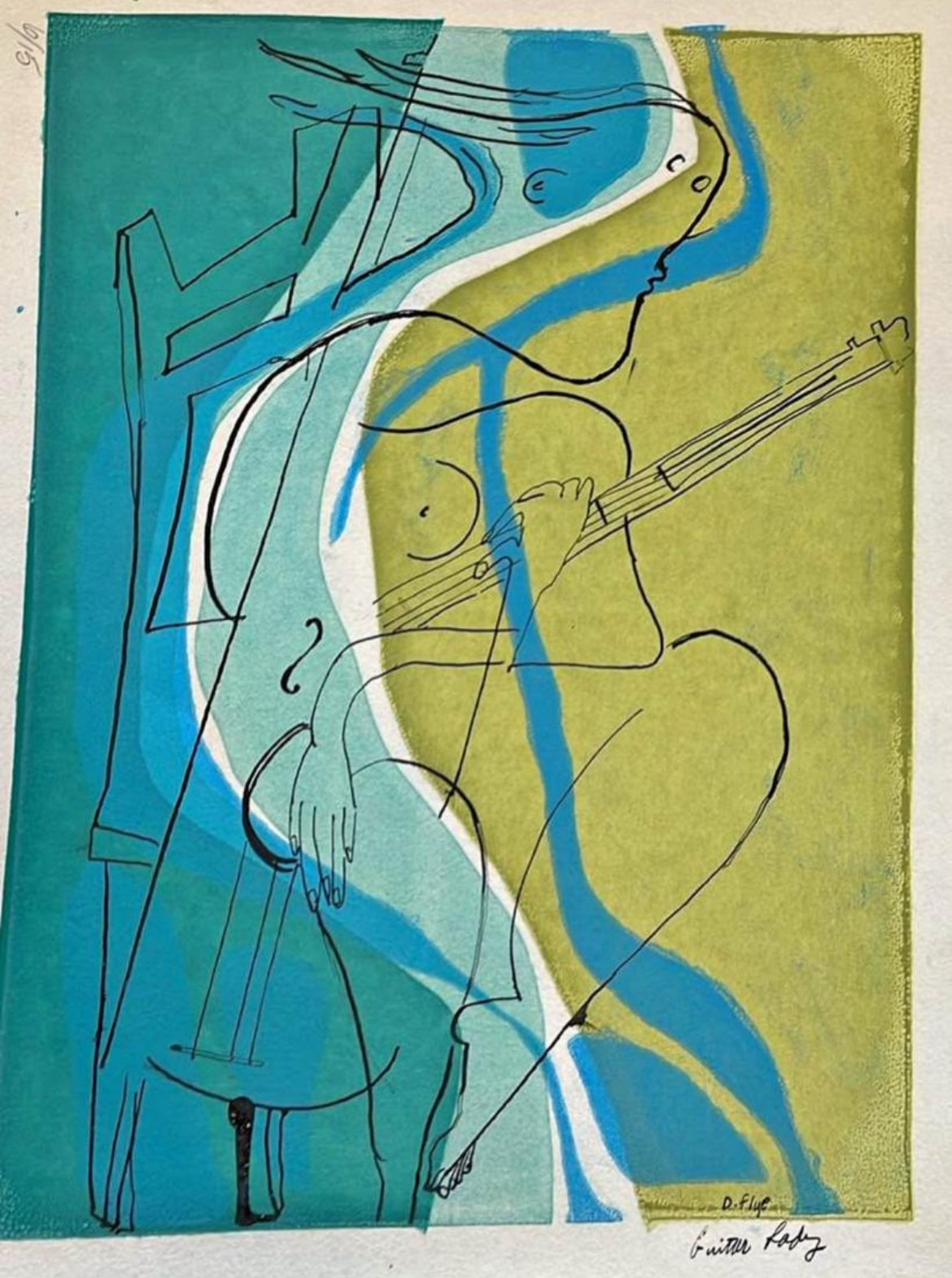 Vintage Midcentury  “Guitar Lady” – Collaborative Block & Line Print by C. Swager and D. Fyfe